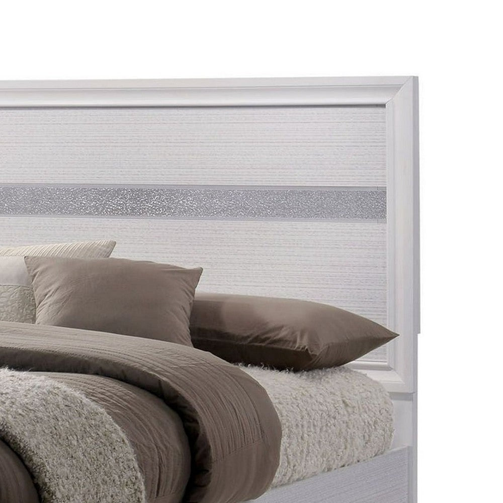 Benjara Cevy Full Size Bed, Footboard Drawers, White Wood w Glitter Accents