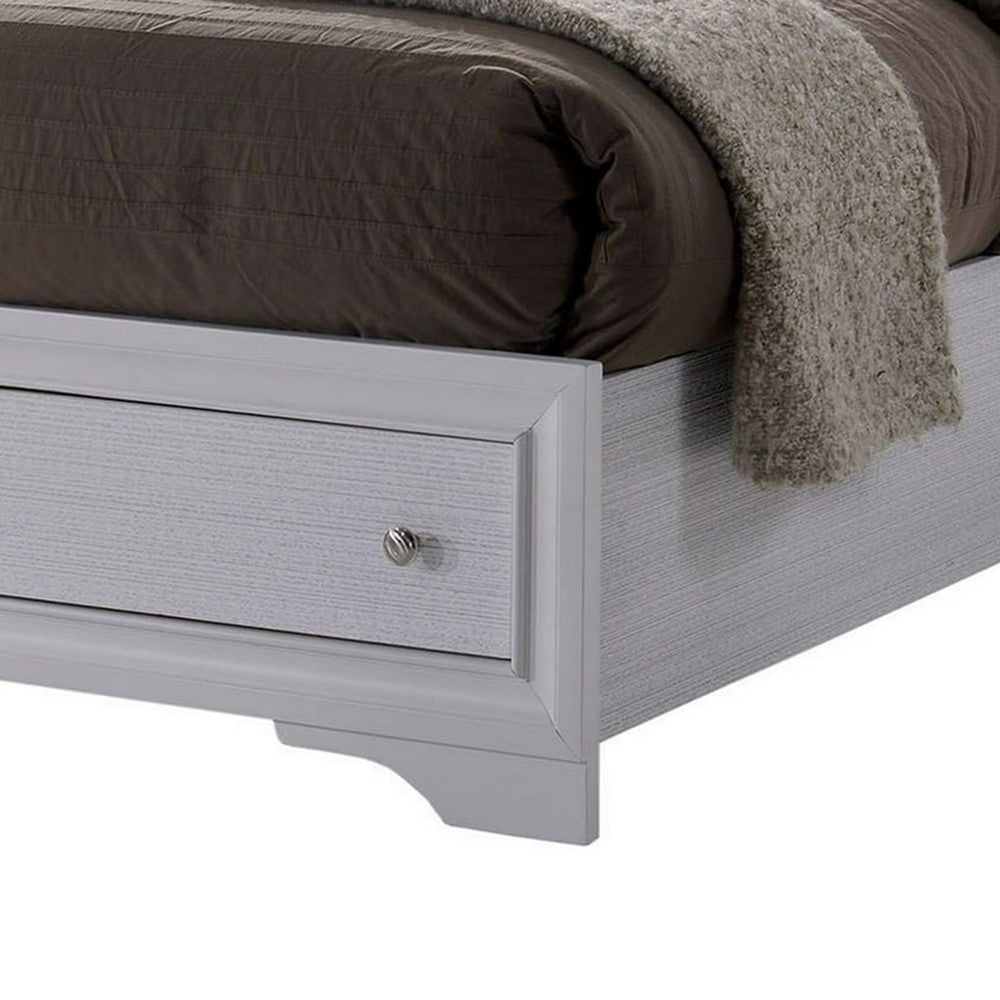 Benjara Cevy Full Size Bed, Footboard Drawers, White Wood w Glitter Accents