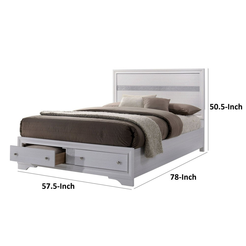 Benjara Cevy Full Size Bed, Footboard Drawers, White Wood w Glitter Accents