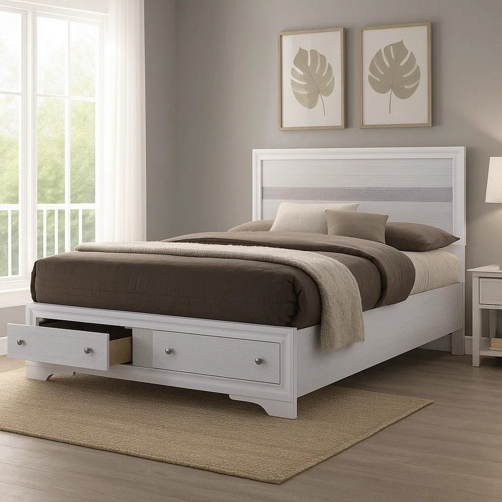Benjara Cevy Full Size Bed, Footboard Drawers, White Wood w Glitter Accents