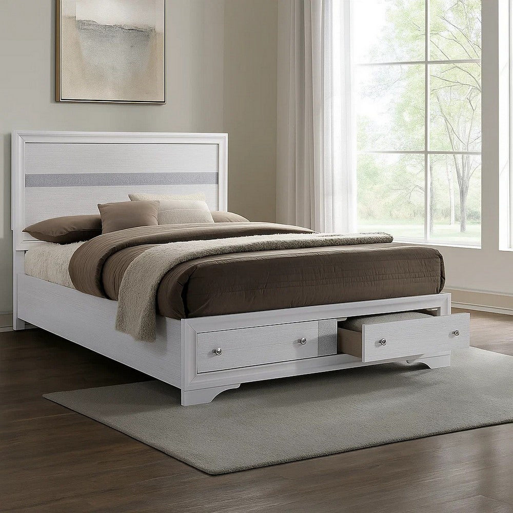 Benjara Cevy Full Size Bed, Footboard Drawers, White Wood w Glitter Accents