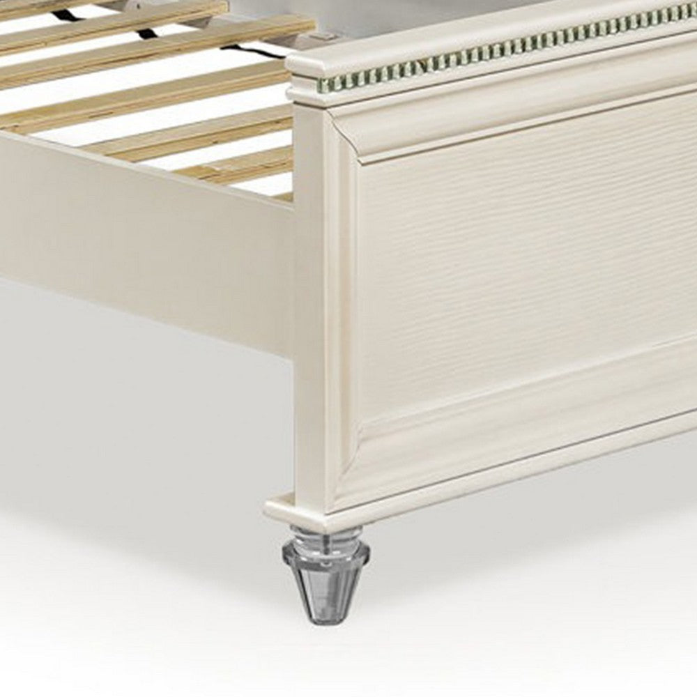 Benjara Jisoo Full Size Bed, Pearl White Upholstery, Radial Arch Headboard