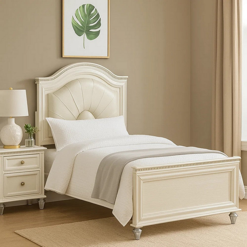 Benjara Jisoo Full Size Bed, Pearl White Upholstery, Radial Arch Headboard