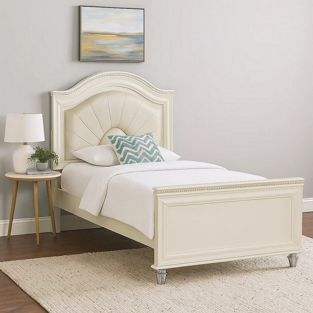 Benjara Jisoo Full Size Bed, Pearl White Upholstery, Radial Arch Headboard