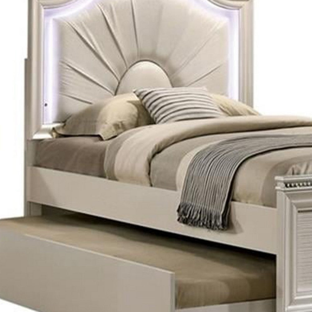 Benjara Jisoo Twin Size Bed, Pearl White Upholstery, Radial Arch Headboard