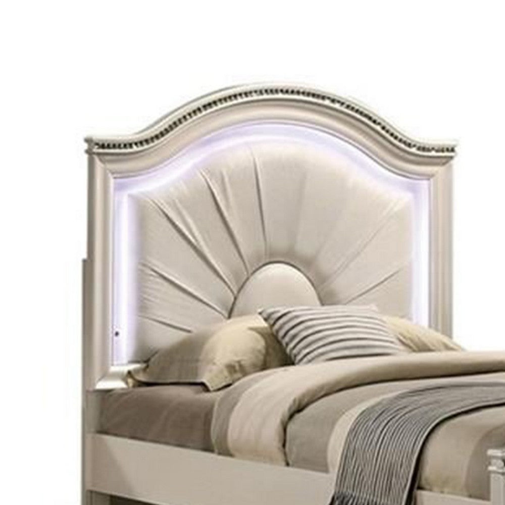 Benjara Jisoo Twin Size Bed, Pearl White Upholstery, Radial Arch Headboard