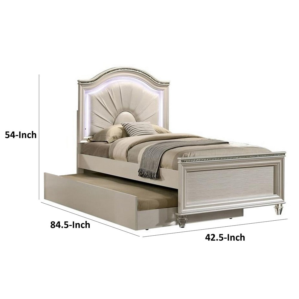 Benjara Jisoo Twin Size Bed, Pearl White Upholstery, Radial Arch Headboard
