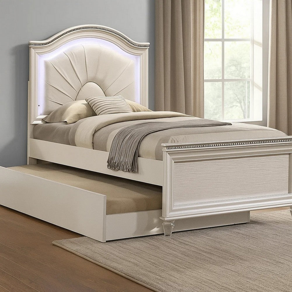 Benjara Jisoo Twin Size Bed, Pearl White Upholstery, Radial Arch Headboard