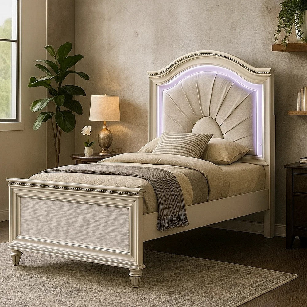 Benjara Jisoo Twin Size Bed, Pearl White Upholstery, Radial Arch Headboard
