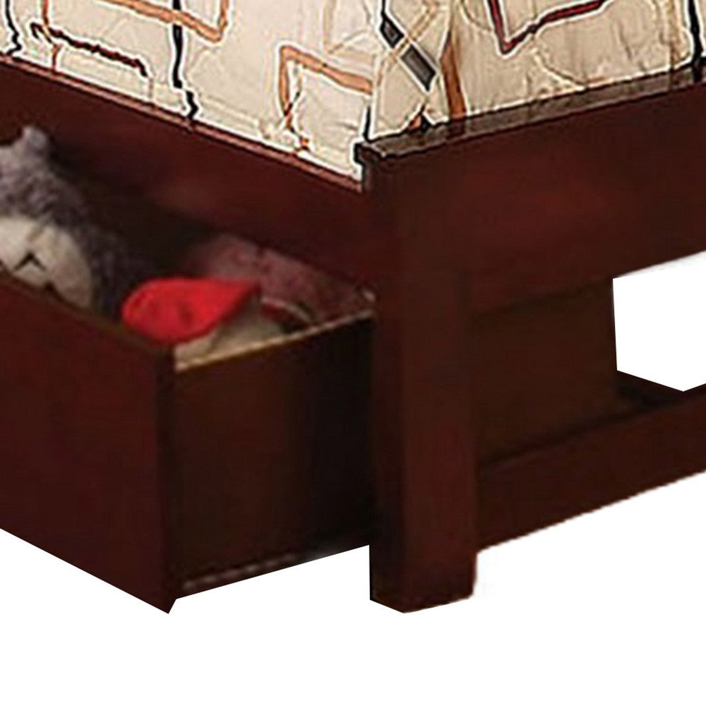 Benjara Resy Twin Size Bed, Slatted Headboard And Side Drawers, Cherry Brown