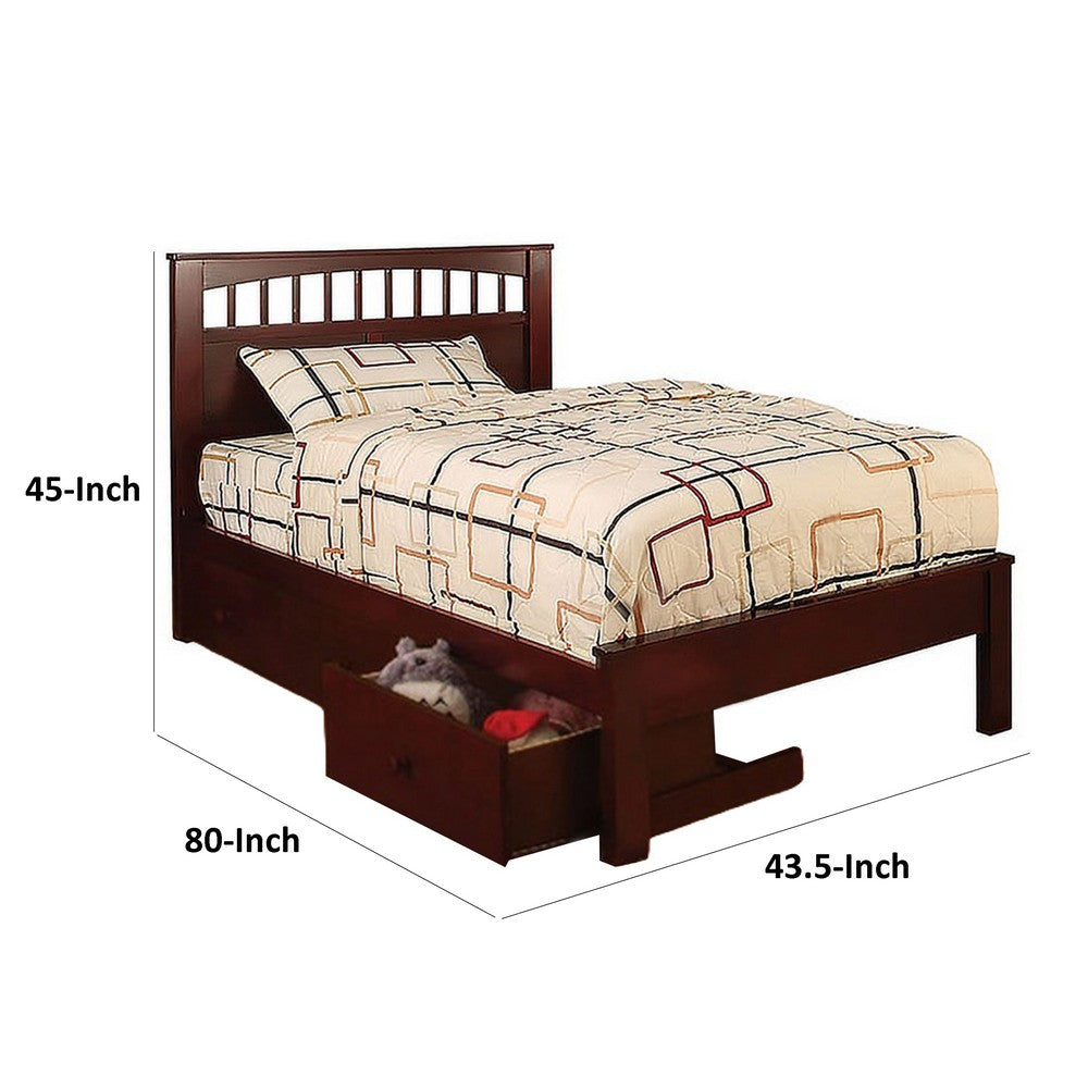 Benjara Resy Twin Size Bed, Slatted Headboard And Side Drawers, Cherry Brown