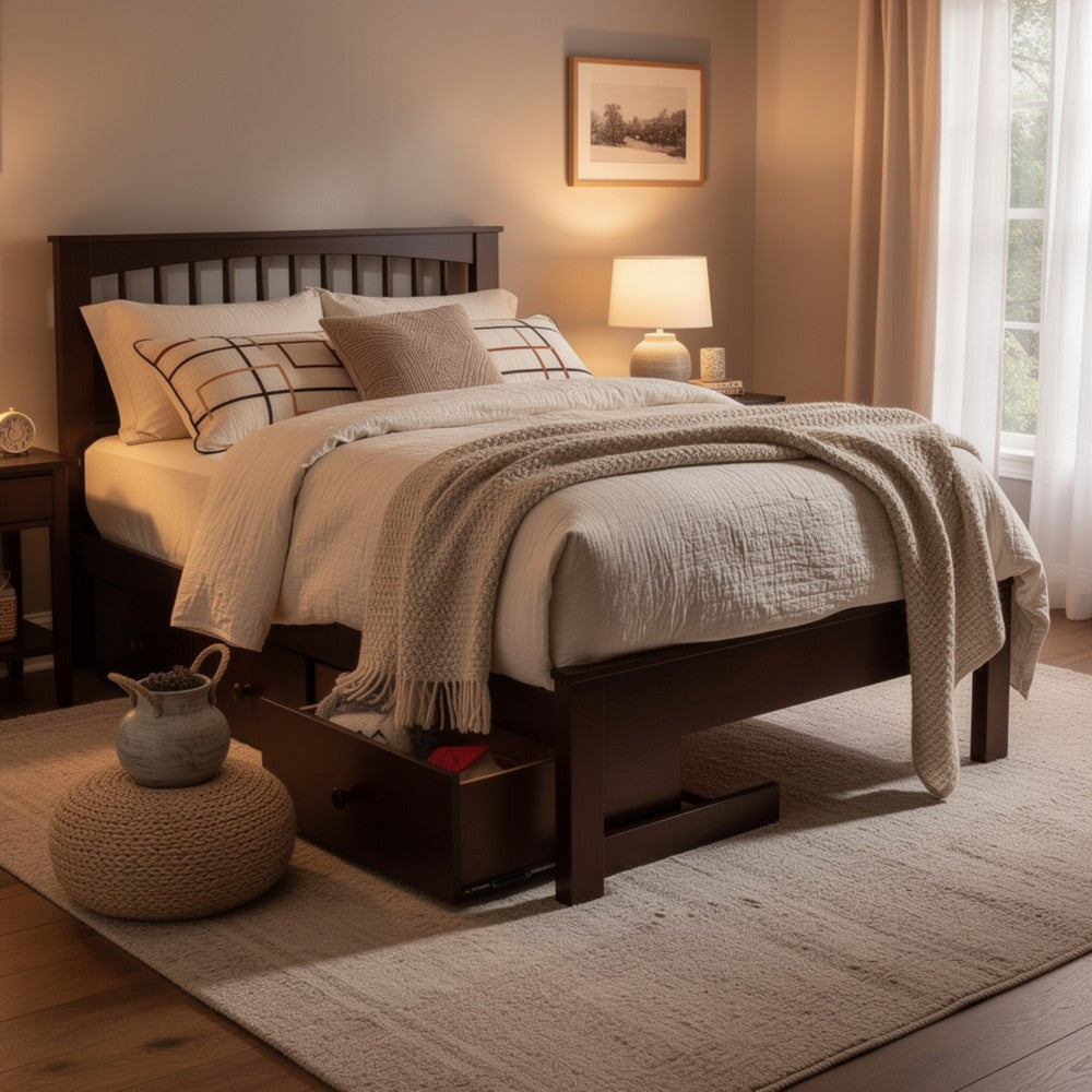Benjara Resy Twin Size Bed, Slatted Headboard And Side Drawers, Cherry Brown