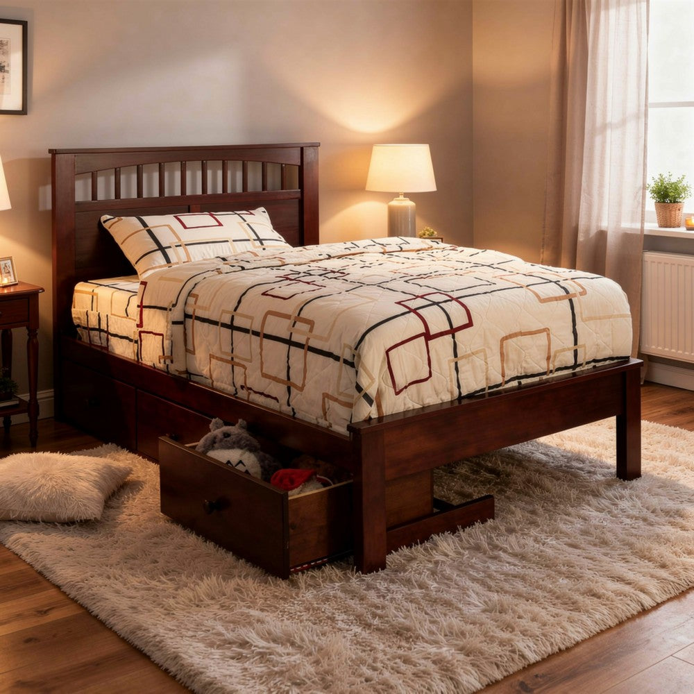 Benjara Resy Twin Size Bed, Slatted Headboard And Side Drawers, Cherry Brown