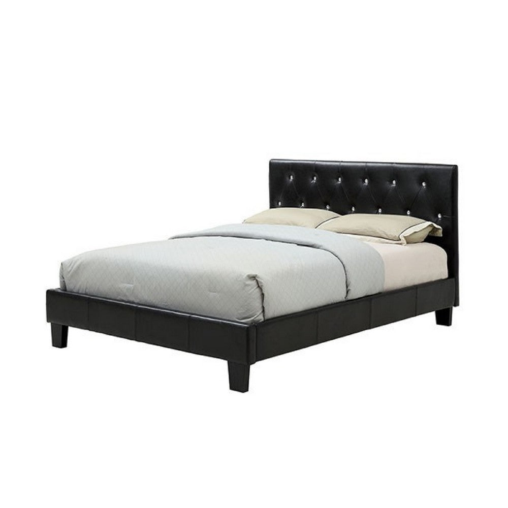 Benjara Legy Full Size Bed, Minimalist Button Tufted Black Faux Leather Upholstery