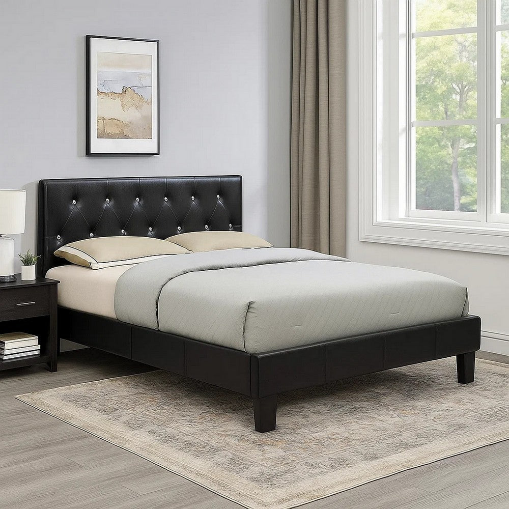 Benjara Legy Full Size Bed, Minimalist Button Tufted Black Faux Leather Upholstery