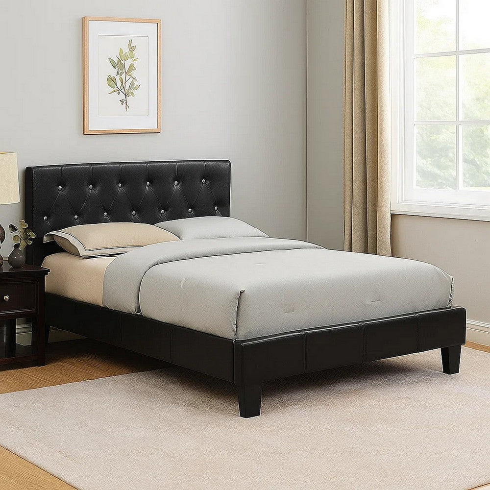 Benjara Legy Full Size Bed, Minimalist Button Tufted Black Faux Leather Upholstery
