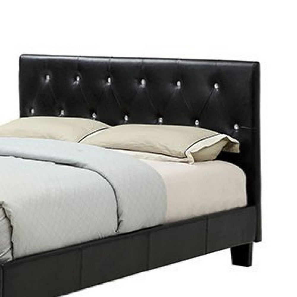 Benjara Legy Queen Size Bed, Button Tufted Black Faux Leather Upholstery