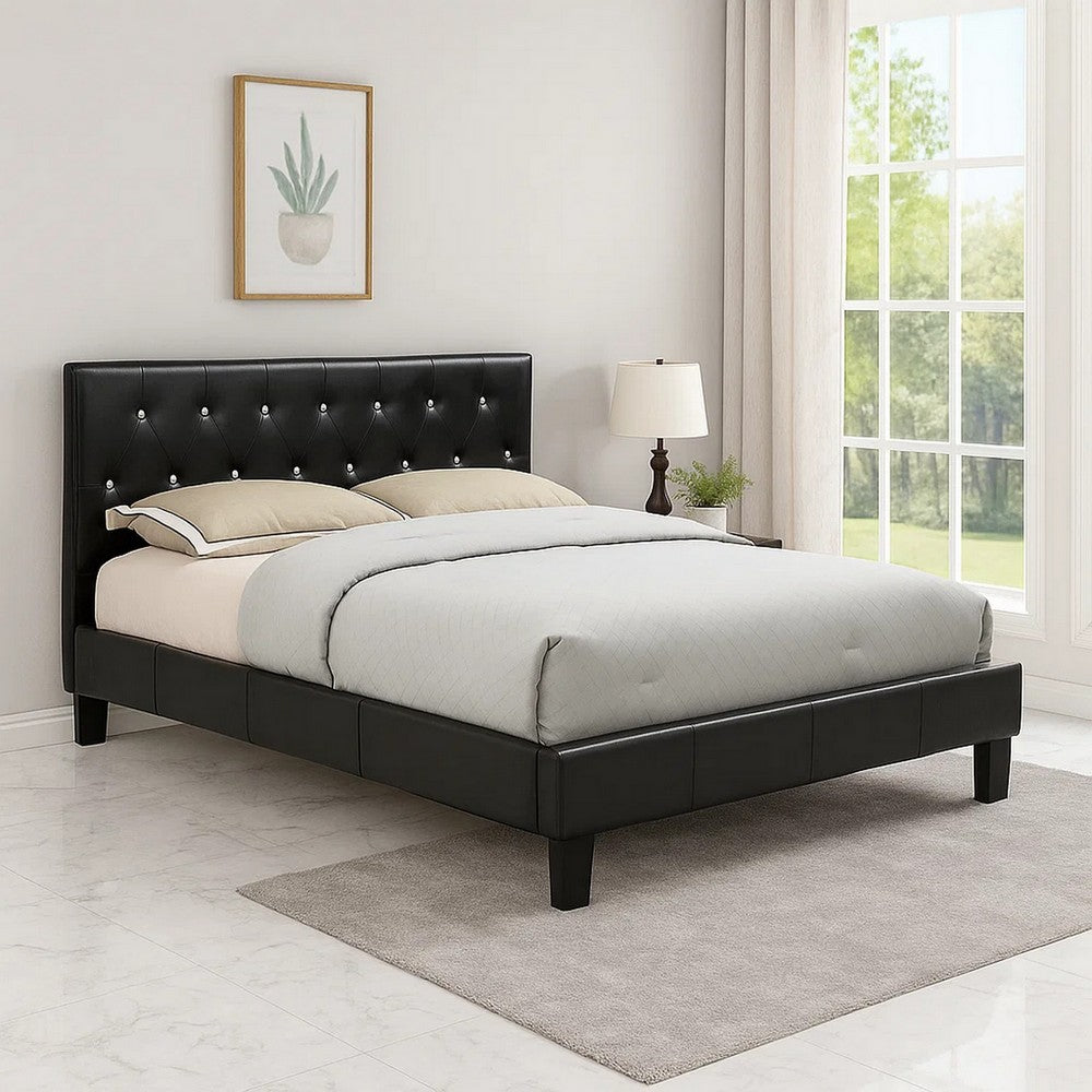 Benjara Legy Queen Size Bed, Button Tufted Black Faux Leather Upholstery