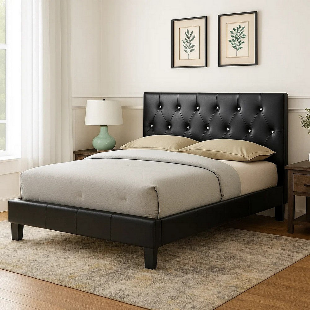 Benjara Legy Queen Size Bed, Button Tufted Black Faux Leather Upholstery