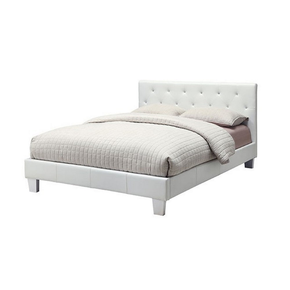 Benjara Legy Twin Size Bed, Button Tufted White Faux Leather Upholstery