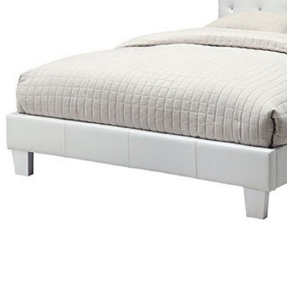 Benjara Legy Twin Size Bed, Button Tufted White Faux Leather Upholstery