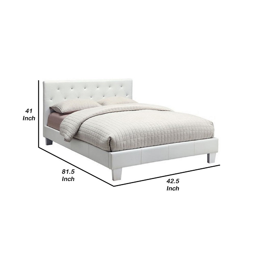 Benjara Legy Twin Size Bed, Button Tufted White Faux Leather Upholstery