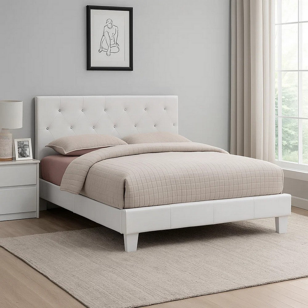 Benjara Legy Twin Size Bed, Button Tufted White Faux Leather Upholstery