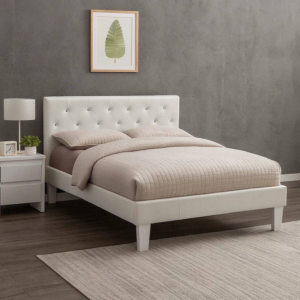 Benjara Legy Twin Size Bed, Button Tufted White Faux Leather Upholstery