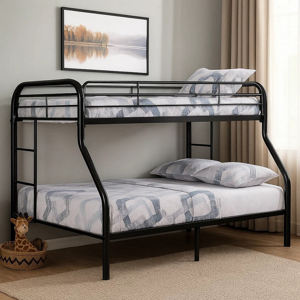 Benjara Fegy Twin over Full Bunk Bed with Ladder And Rails, Black Metal Frame