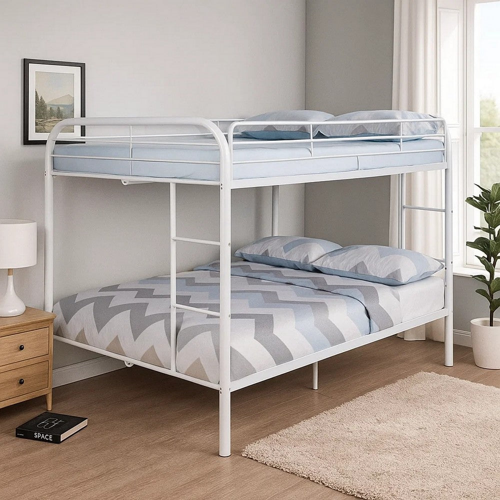 Benjara Fegy Full over Full Bunk Bed with Ladder And Rails, White Metal Frame