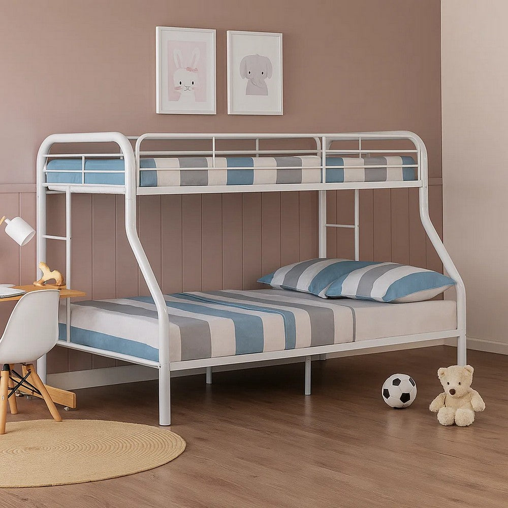 Benjara Fegy Twin over Full Bunk Bed with Ladder And Rails, White Metal Frame