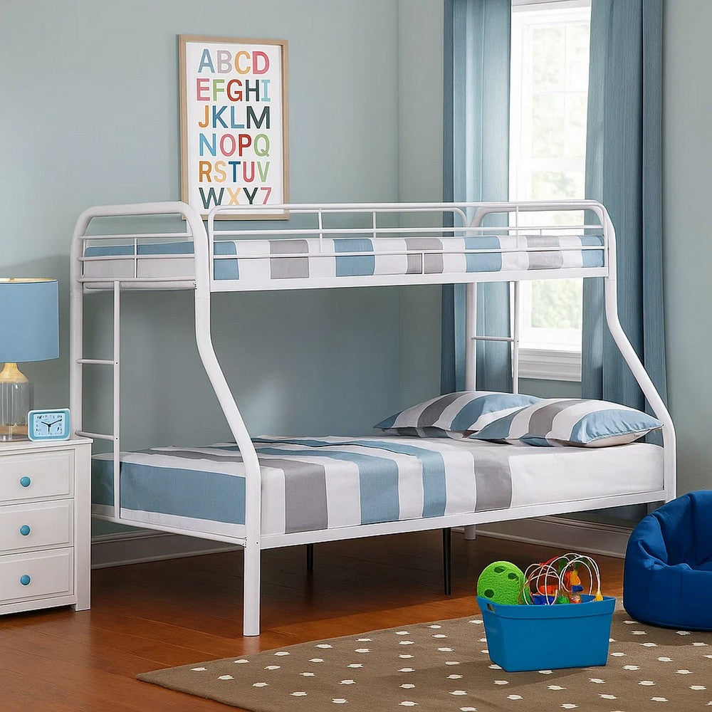 Benjara Fegy Twin over Full Bunk Bed with Ladder And Rails, White Metal Frame