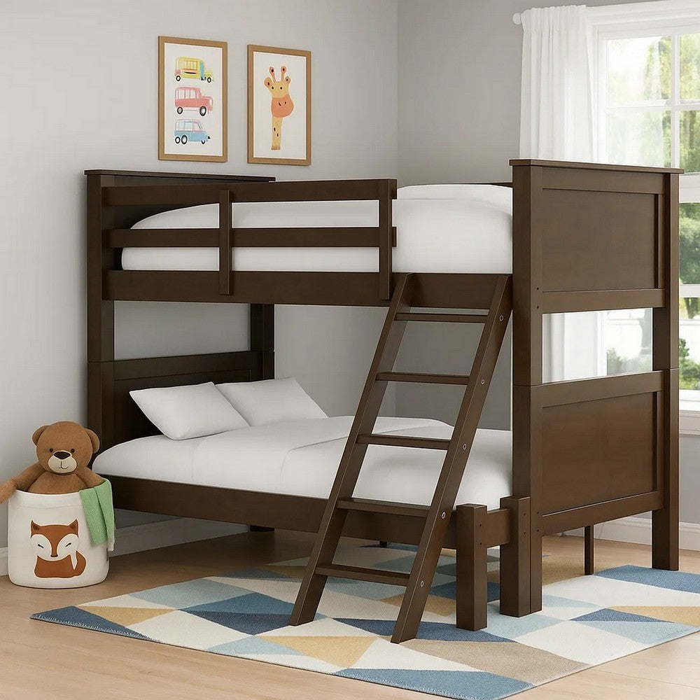 Benjara Zedy Twin over Full Bunk Bed with Ladder And Guardrails, Walnut Brown