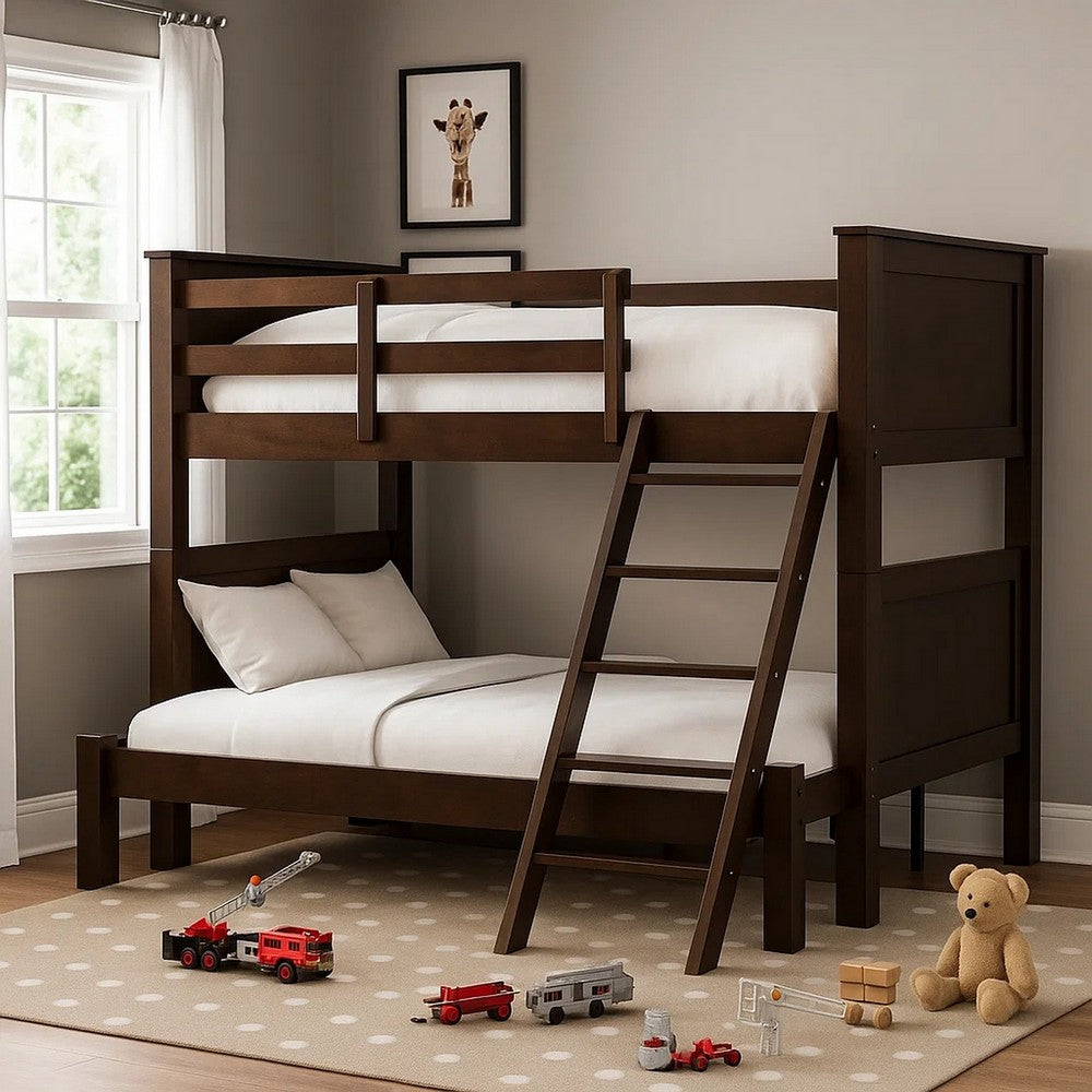 Benjara Zedy Twin over Full Bunk Bed with Ladder And Guardrails, Walnut Brown