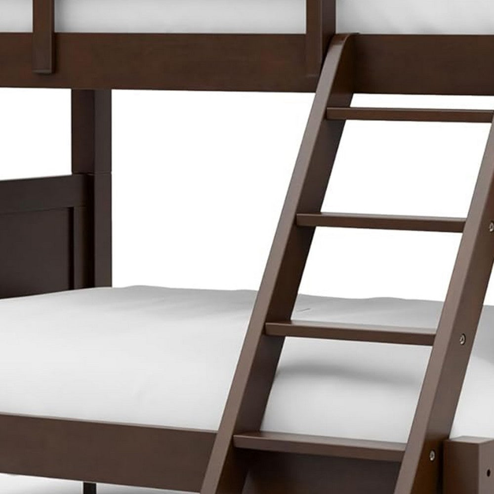 Benjara Zedy Twin over Twin Bunk Bed, Ladder And Guardrails, Walnut Brown Wood