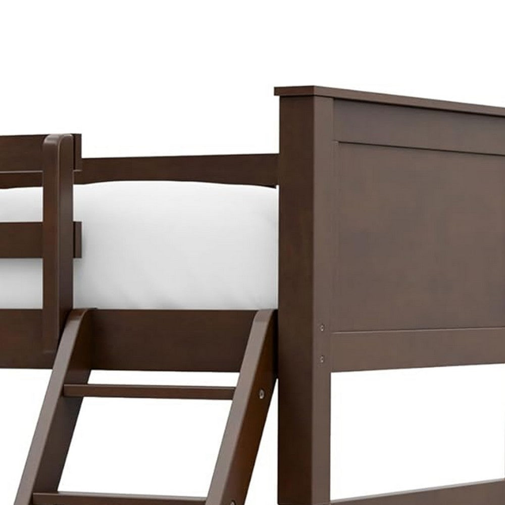 Benjara Zedy Twin over Twin Bunk Bed, Ladder And Guardrails, Walnut Brown Wood