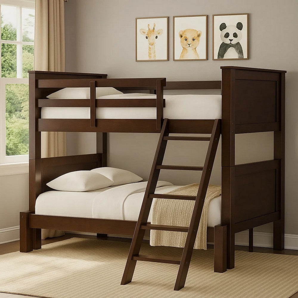 Benjara Zedy Twin over Twin Bunk Bed, Ladder And Guardrails, Walnut Brown Wood