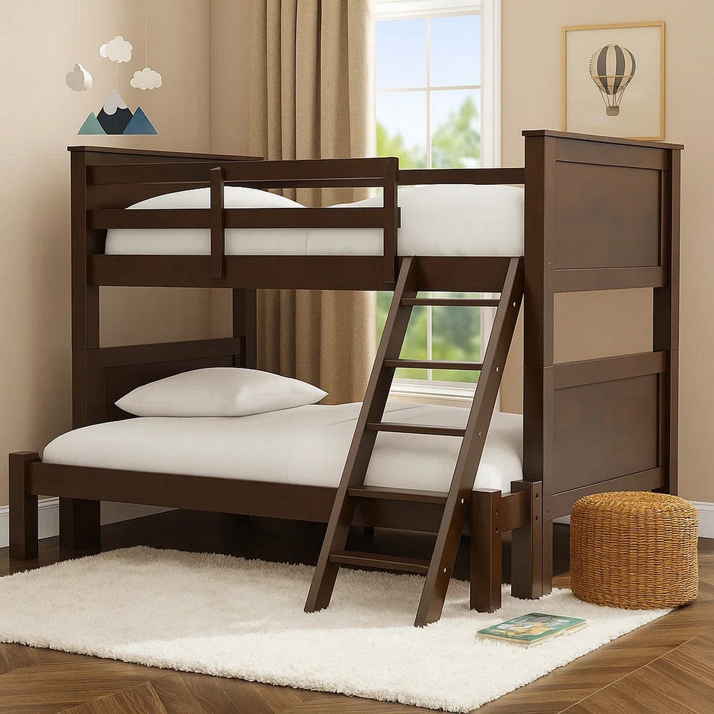 Benjara Zedy Twin over Twin Bunk Bed, Ladder And Guardrails, Walnut Brown Wood