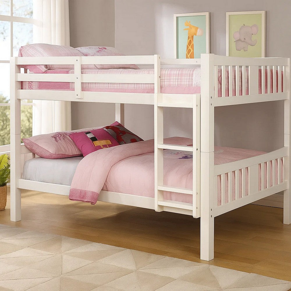 Benjara Nedy Full over Full Bunk Bed with Attached Ladder, White Solid Wood