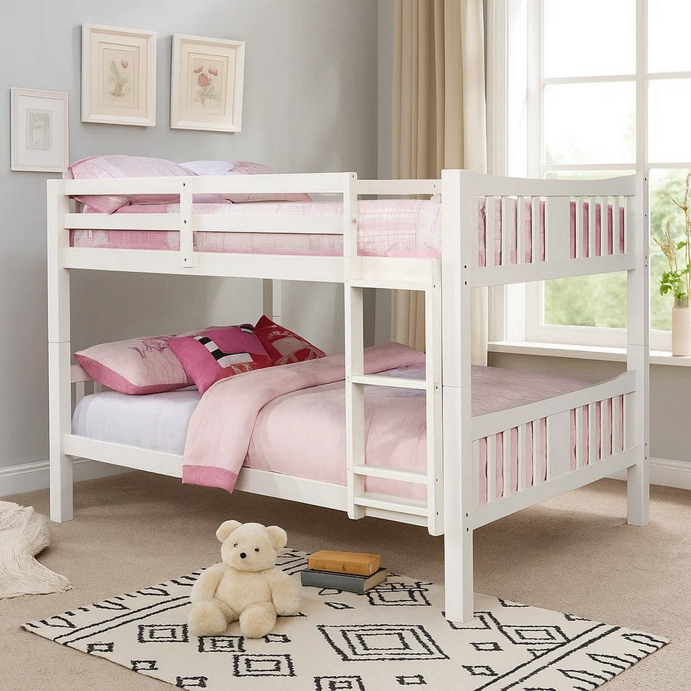 Benjara Nedy Full over Full Bunk Bed with Attached Ladder, White Solid Wood