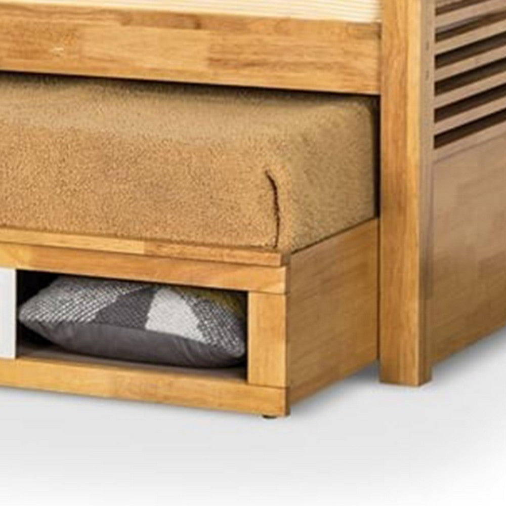 Benjara Dilu Twin Size Captain Bed with Storage Trundle, Light Oak Brown