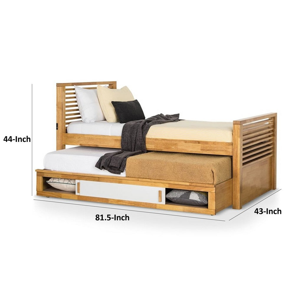 Benjara Dilu Twin Size Captain Bed with Storage Trundle, Light Oak Brown