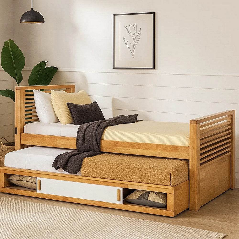 Benjara Dilu Twin Size Captain Bed with Storage Trundle, Light Oak Brown