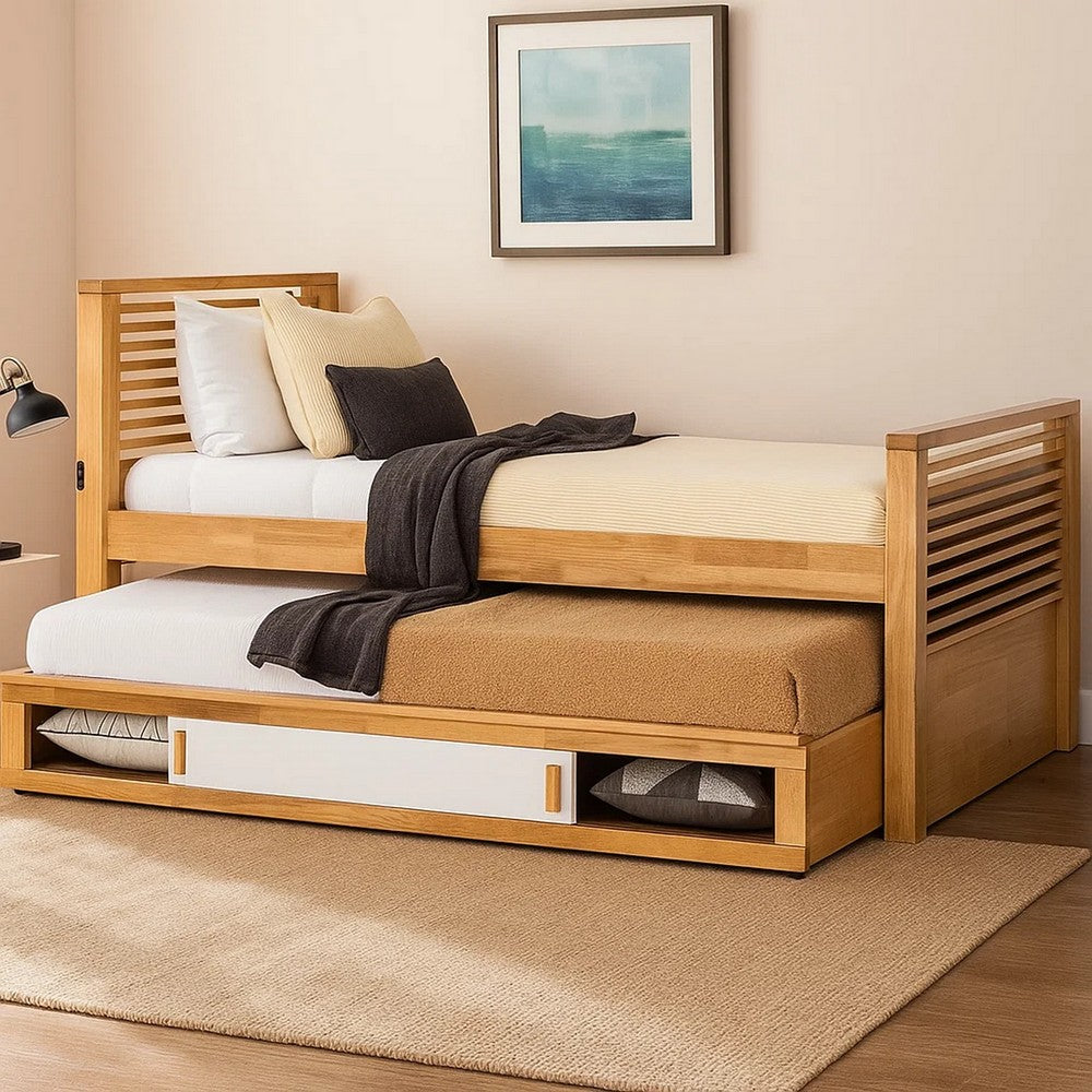 Benjara Dilu Twin Size Captain Bed with Storage Trundle, Light Oak Brown
