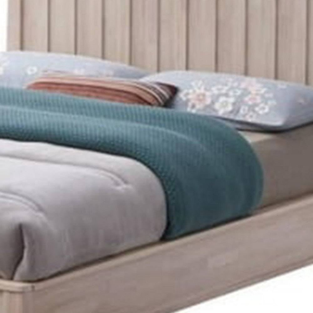 Benjara Vasu Full Size Bed, Reeded Headboard, Whitewash Solid Rubberwood