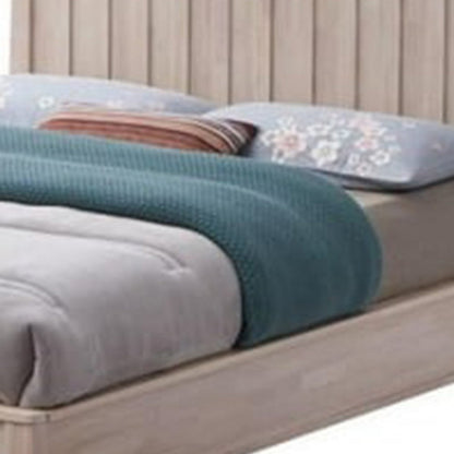 Benjara Vasu Full Size Bed, Reeded Headboard, Whitewash Solid Rubberwood