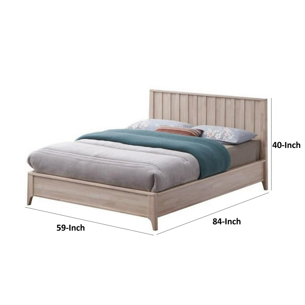 Benjara Vasu Full Size Bed, Reeded Headboard, Whitewash Solid Rubberwood