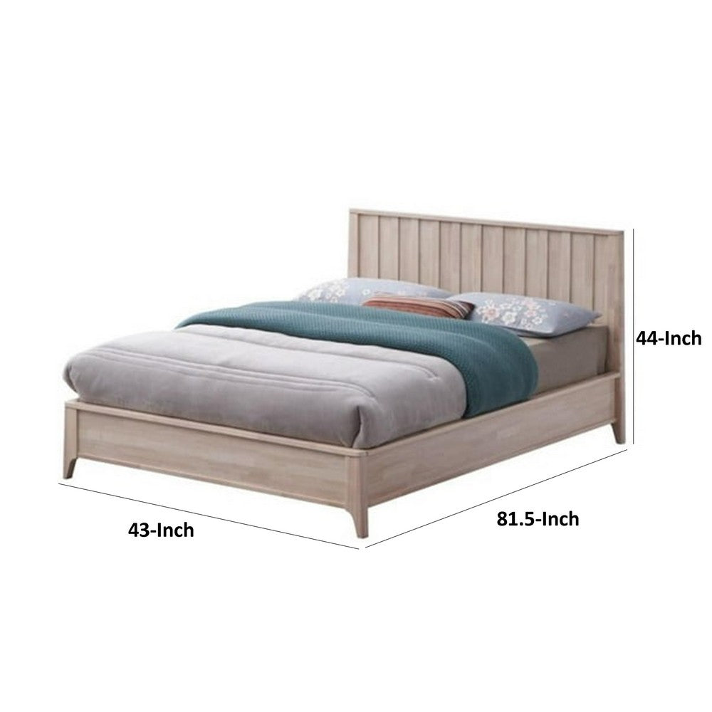 Benjara Vasu Twin Size Bed, Reeded Headboard, Whitewash Solid Rubberwood