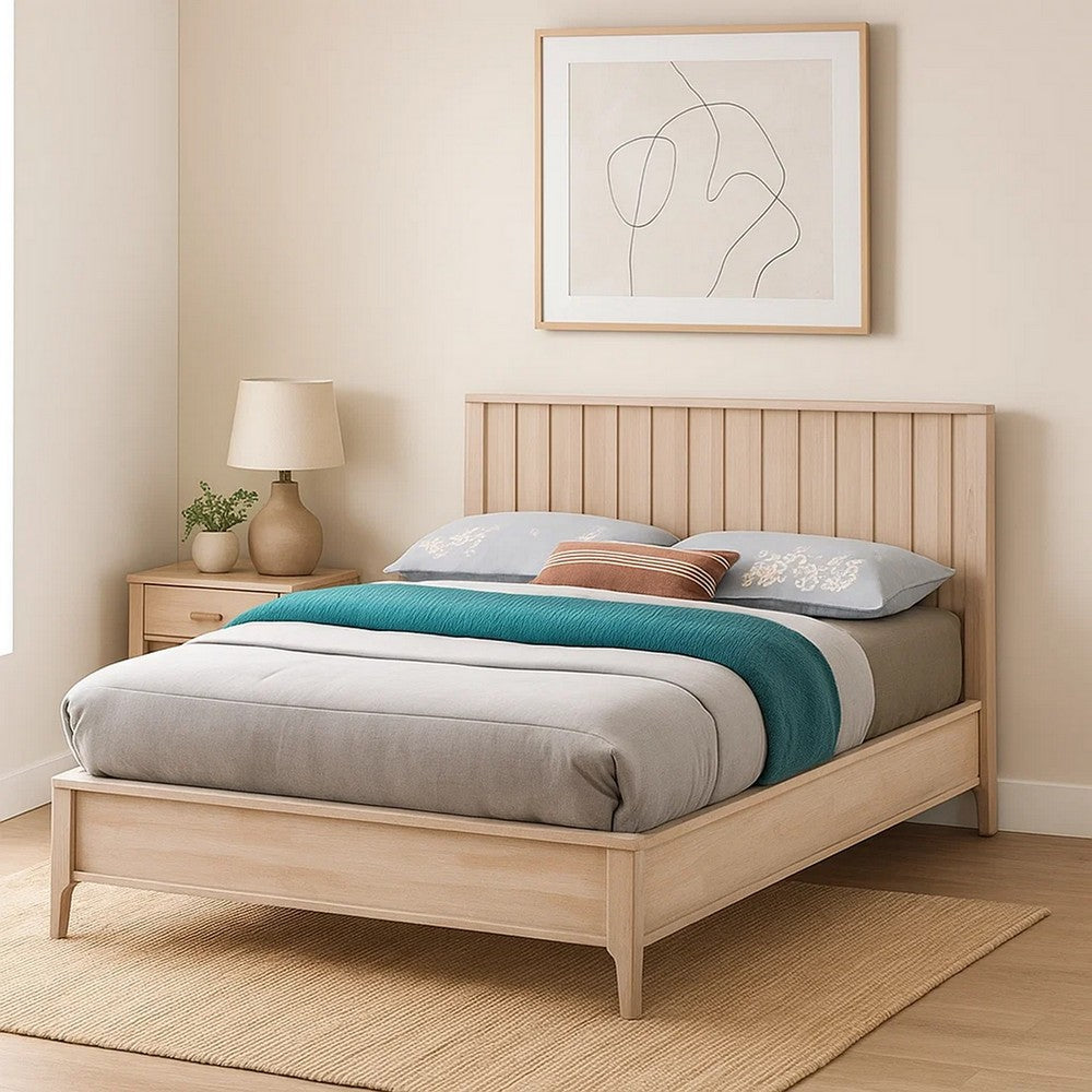 Benjara Vasu Twin Size Bed, Reeded Headboard, Whitewash Solid Rubberwood