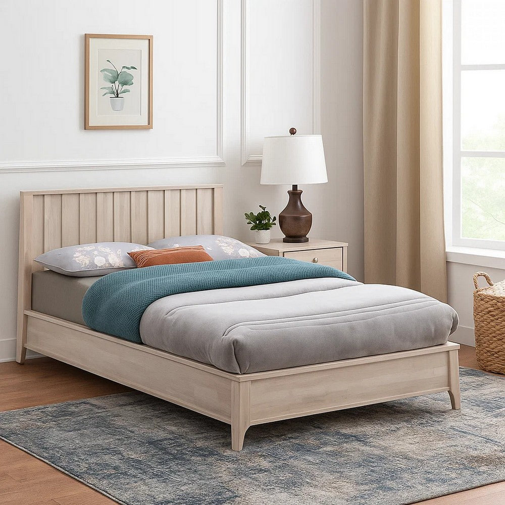 Benjara Vasu Twin Size Bed, Reeded Headboard, Whitewash Solid Rubberwood